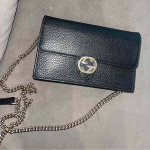 Gucci black leather crossbody with chain wallet/bag